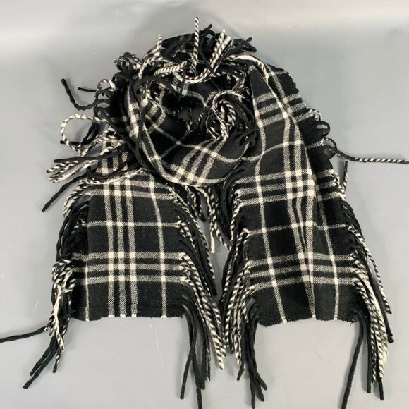 BURBERRY Black White Plaid Fringe Trim Cashmere Scarf